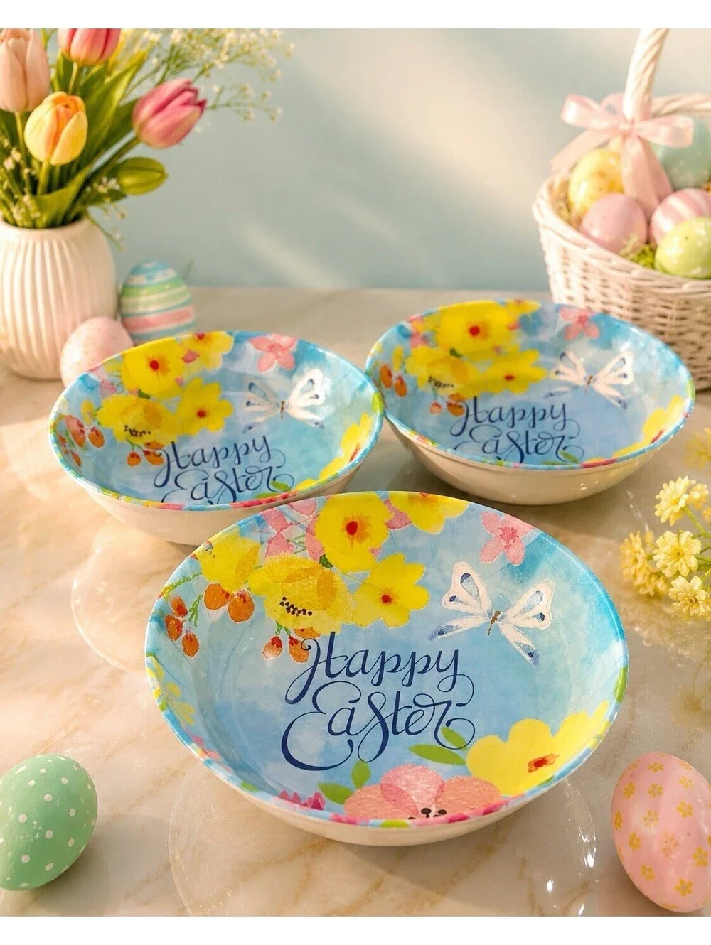 Vintage 2000s 3 Serving Bowls Happy Easter Floral Melamine Butterfly, 13.5x2”